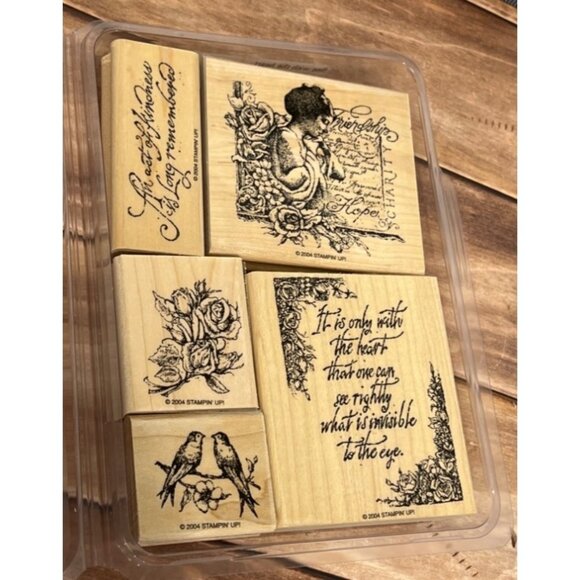 2004 STAMPIN' UP! 104889 SEE WITH THE HEART Wood Mounted Rubber Stamp set of 5 - Picture 1 of 6